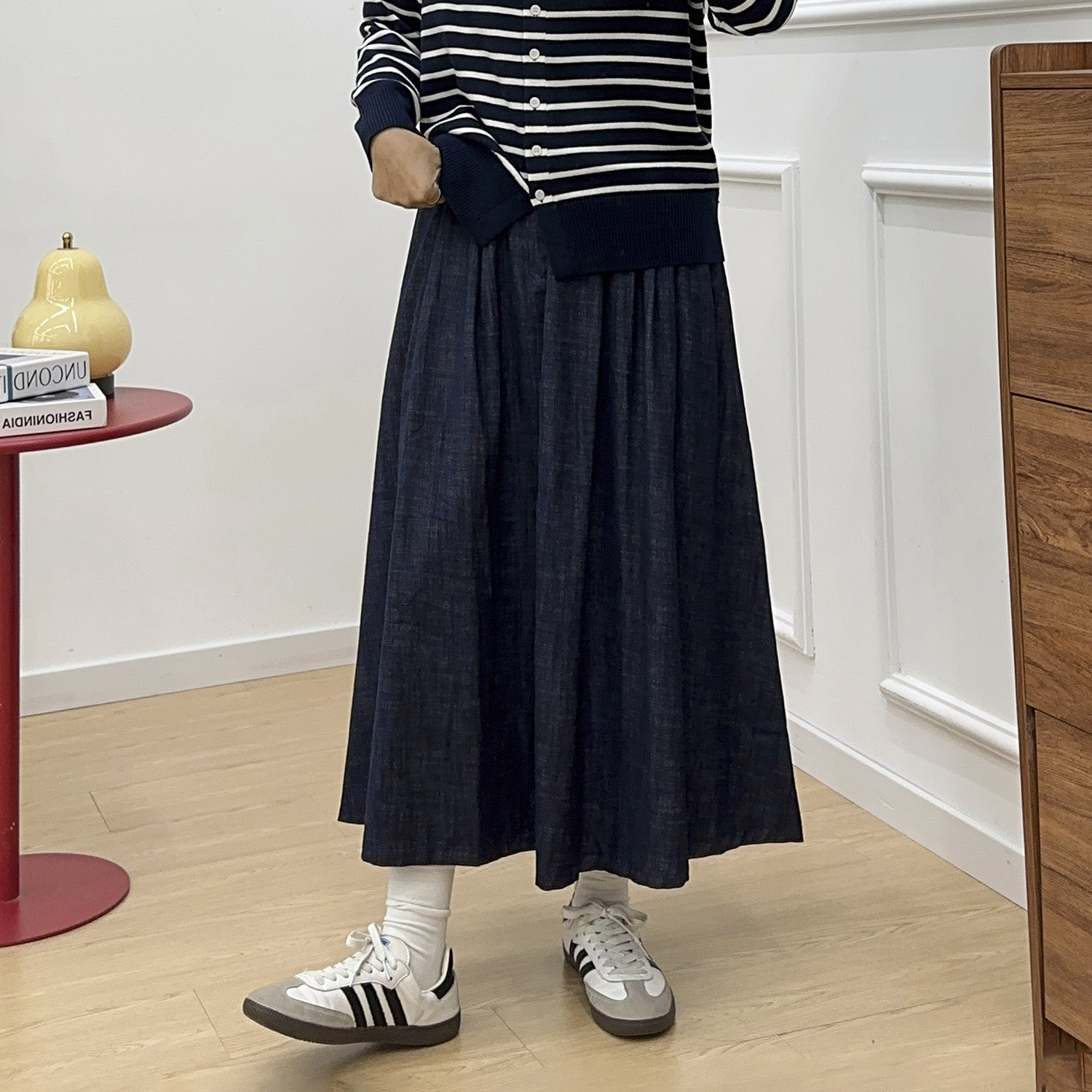 宛宛大码胖MM女装复古蓝色牛仔半身裙春季a字裙中长款小个子伞裙