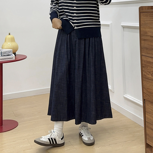 a字裙中长款 复古蓝色牛仔半身裙春季 小个子伞裙 胖MM女装 宛宛大码