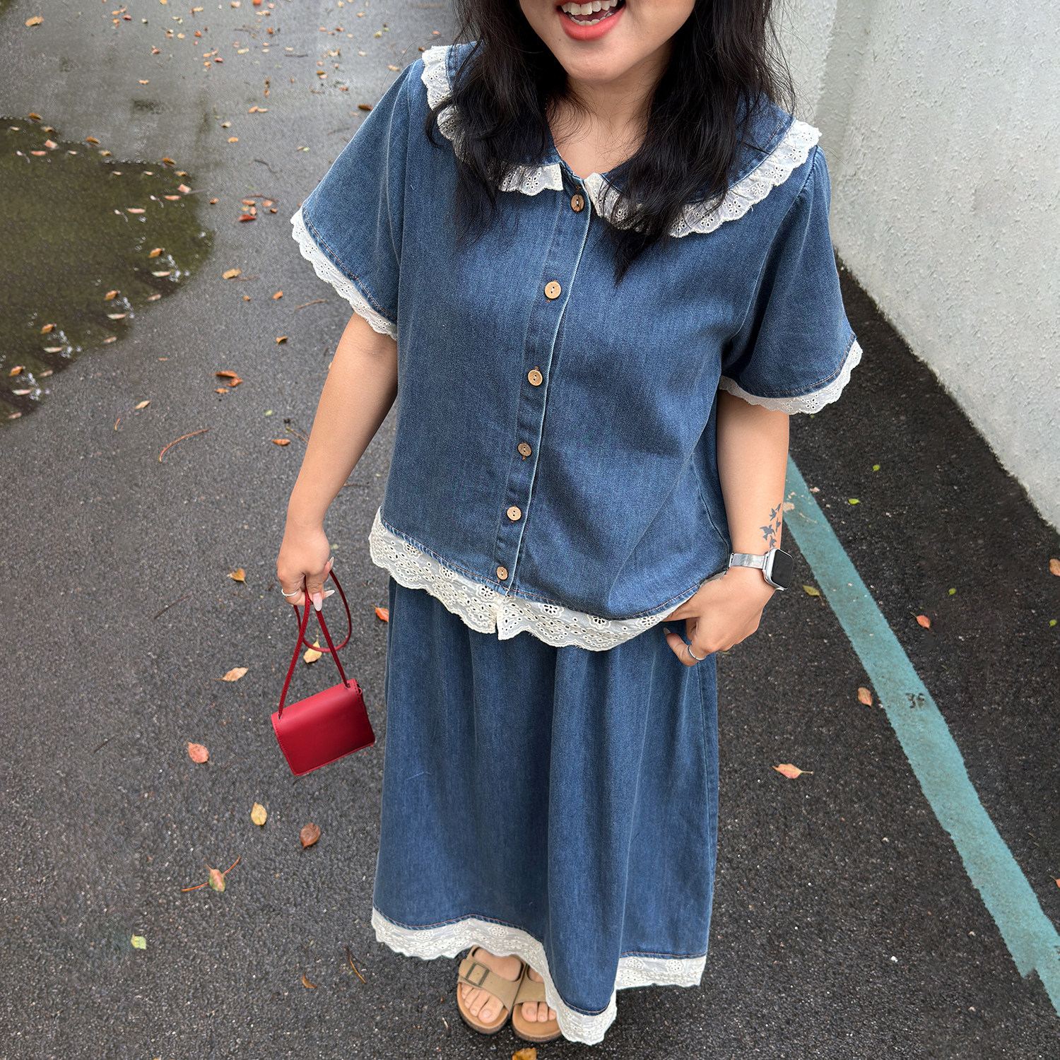 宛宛大码胖MM复古牛仔套装女夏季新款娃娃领花边上衣半身裙两件套