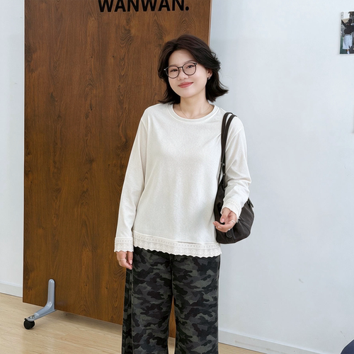 宛宛大码蕾丝拼接提花长袖t恤女秋季微胖mm宽松显瘦内搭打底上衣