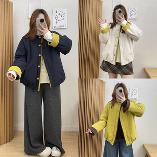 胖妹妹撞色棉服女韩系简约通勤百搭保暖棉衣外套 新款 宛宛大码 冬季