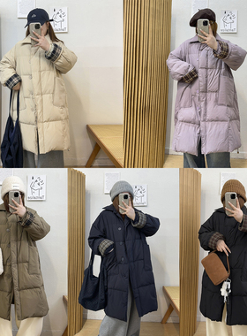 宛宛大码女装撞色羽绒服胖mm冬季新款宽松长款连帽保暖白鸭绒外套