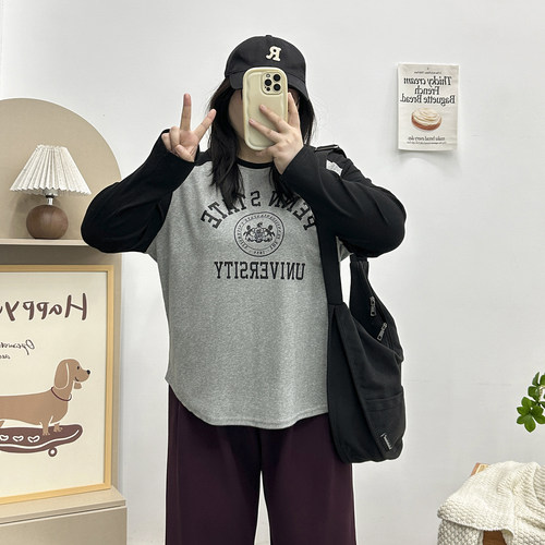 宛宛插肩袖撞色打底衫T恤