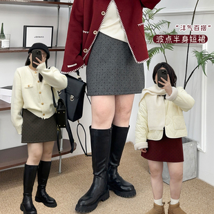 大码 胖MM百搭波点毛呢半身裙女秋冬防走光高腰a字包臀裙显瘦短裙