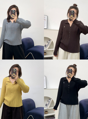 宛宛大码胖mm韩系秋冬季新款洋气独特别致上衣女polo领长袖针织衫