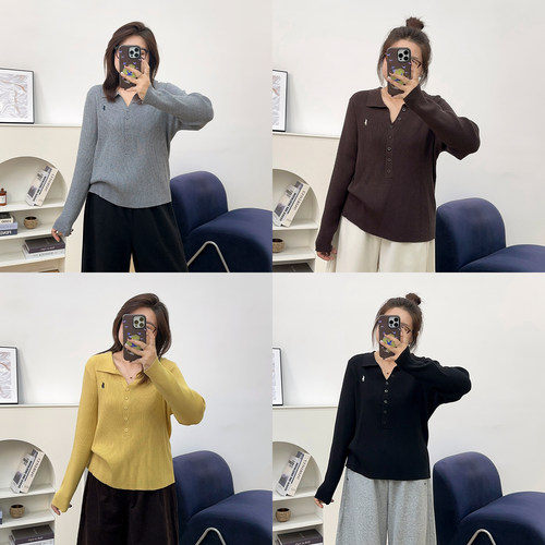 宛宛大码胖mm韩系秋冬季新款洋气独特别致上衣女polo领长袖针织衫