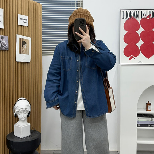 宛宛家加绒牛仔衬衫百搭时尚
