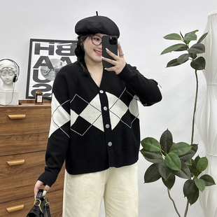 针织开衫 女装 菱格气质宽松毛衣外套 显瘦胖mm加大码 2024年秋冬新款