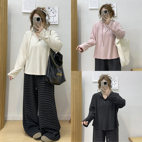 软糯连帽休闲长袖T恤衫