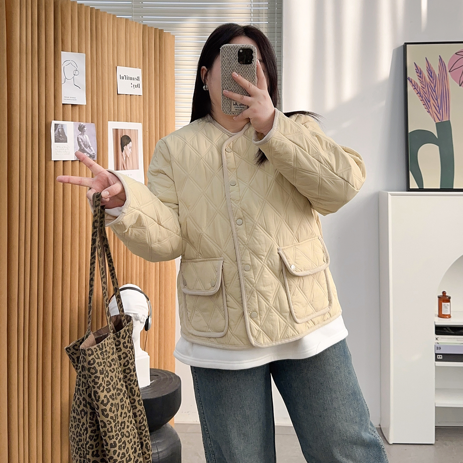 宛宛家菱格棉服百搭时尚