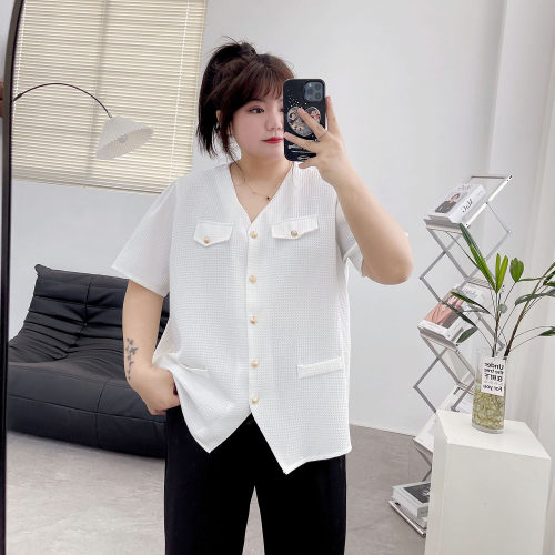 胖mm华夫格V领短款上衣潮
