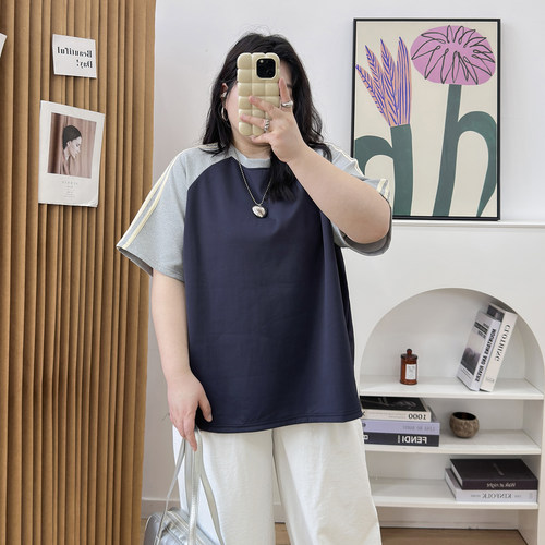 圆领拼接撞色插肩袖短袖T恤