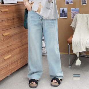 女夏胖妹妹mm设计感高腰直筒宽松显瘦拖地裤 大码 显瘦阔腿牛仔裤
