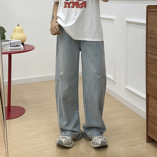 胖mm宽松梨型身材显瘦阔腿长裤 宛宛大码 新款 女春季 复古弯刀牛仔裤