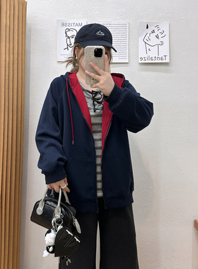 宛宛大码撞色长袖T恤连帽卫衣女秋冬装胖mm显瘦拉链开衫外套上衣
