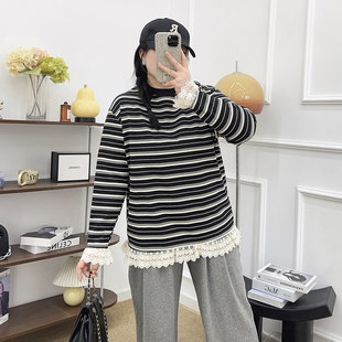 胖mm宽松休闲显瘦打底衫 蕾丝拼接条纹t恤内搭上衣春秋季 女装 大码