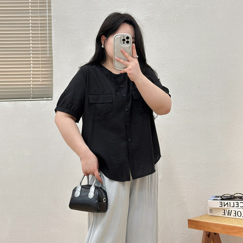 宛宛大码胖mm衬衫女短袖夏季新款宽松显瘦上衣设计感小众休闲衬衣