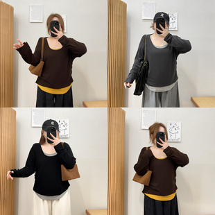 秋装 T恤女辣妹风内搭打底衫 上衣 胖mm别致撞色假两件长袖 宛宛大码