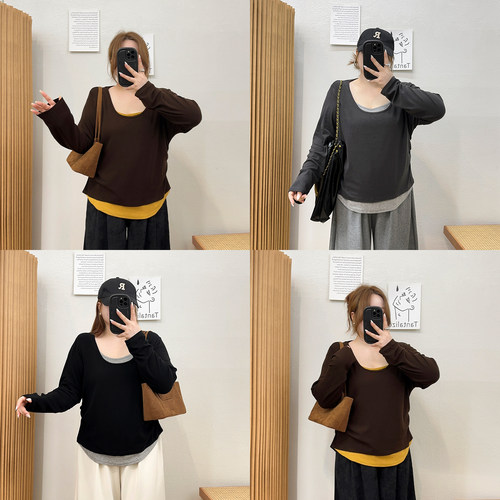 宛宛大码胖mm别致撞色假两件长袖T恤女辣妹风内搭打底衫秋装上衣