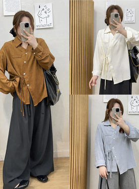 宛宛大码女装设计感港风不规则收腰秋季新款胖mm遮肉显瘦衬衫上衣