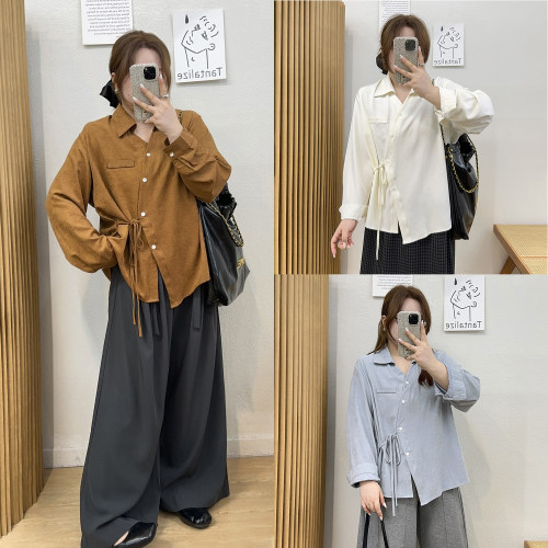 斜襟绑带休闲宽松衬衫