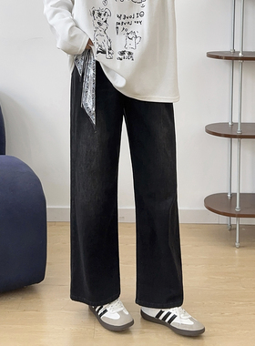 宛宛大码秋季新款黑色直筒牛仔裤胖mm梨形身材宽松显瘦弹力九分裤