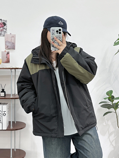 宽松棉衣加厚连帽胖mm情侣拼色棉袄外套潮 新款 大码 棉服女2023冬季