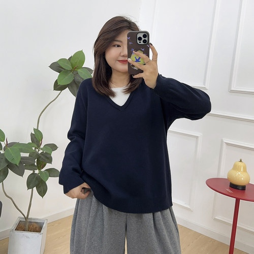 宛宛大码女装2025年新款假两件针织衫胖mm宽松遮肚子显瘦毛衣上衣