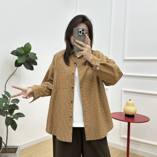 宽松显瘦衬衣百搭长袖 春秋新款 上衣外套 胖MM休闲格子衬衫 宛宛大码
