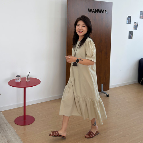宛宛大码胖MM夏季韩版宽松短袖连衣裙女小个子收腰显瘦藏肉长裙子