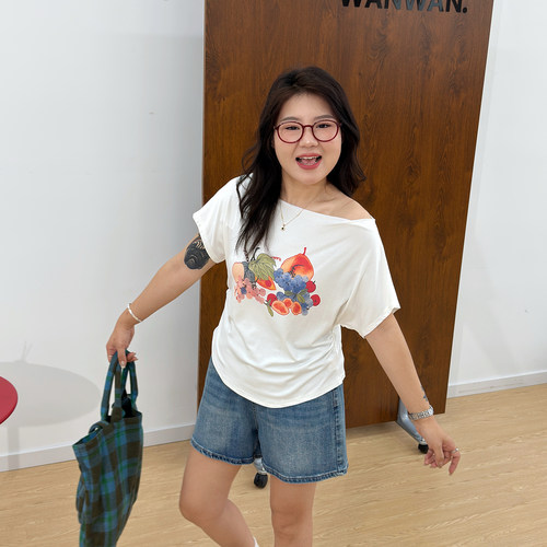 宛宛大码胖MM水果印花短袖t恤夏季设计感oversize宽松显瘦上衣女