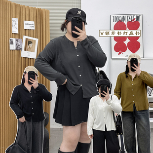 修身 胖mm显瘦设计感纽扣短款 V领长袖 新款 上衣 t恤女2026春秋季 大码