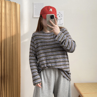 胖mm宽松显瘦长袖 女秋冬新款 t恤上衣 条纹内搭打底针织衫 宛宛大码