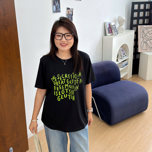 宛宛大码女装休闲圆领印花短袖T恤夏季胖mm宽松显瘦正肩短款上衣