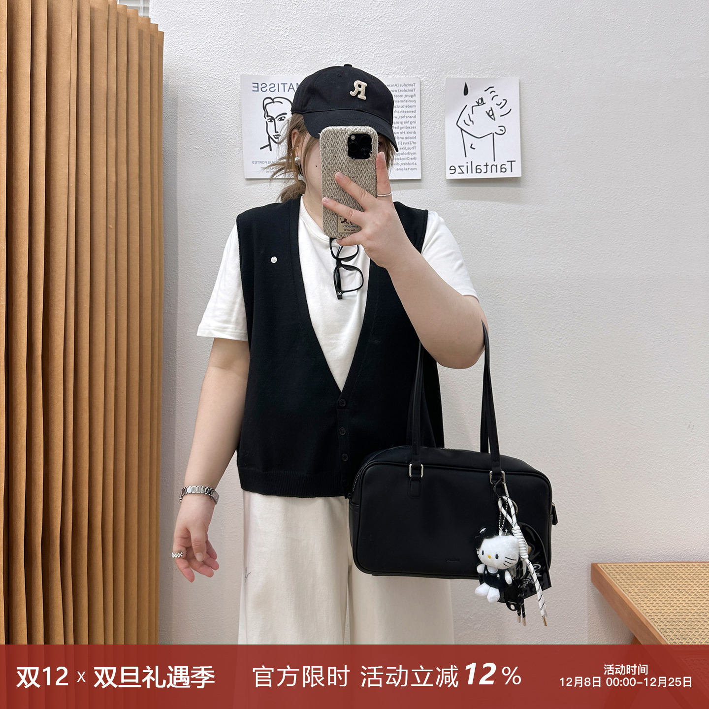 宛宛大码针织马甲假两件正肩短袖t恤女秋季胖mm宽松遮肚显瘦上衣