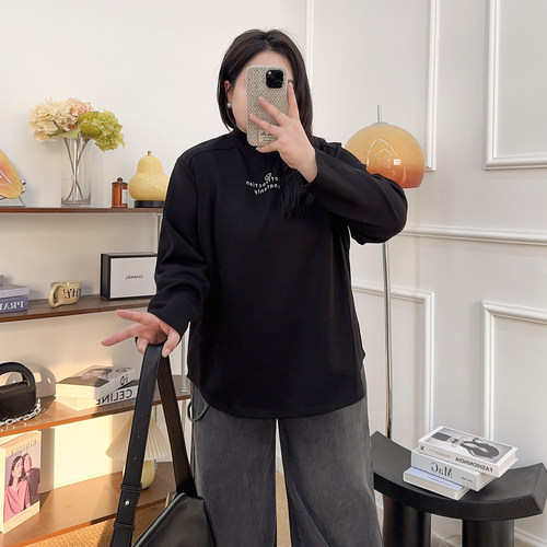 宛宛家春秋新款大码半高领打底衫女胖MM显瘦内搭长袖t恤字母上衣