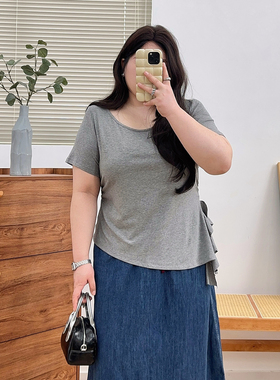 宛宛大码开叉短袖T恤女夏季新款胖mm遮肉显瘦宽松不规则百搭上衣