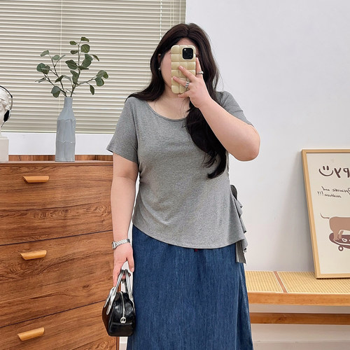 宛宛大码开叉短袖T恤女夏季新款胖mm遮肉显瘦宽松不规则百搭上衣