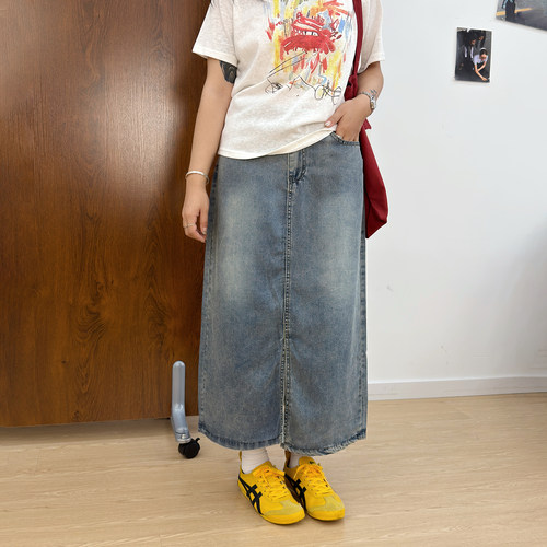 宛宛大码女装胖mm牛仔半身裙夏季新款高腰水洗开叉百搭中长款裙子