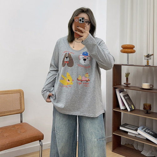 宛宛家胖mm大码卡通图案长袖t恤女2026新款打底衫女春季内搭上衣