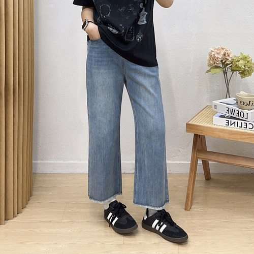 高腰休闲九分毛边牛仔裤