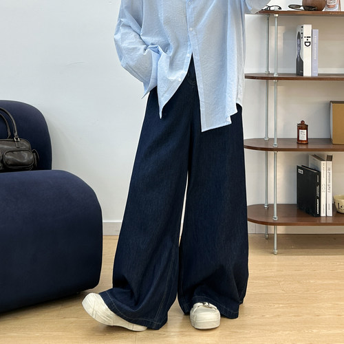 宛宛大码复古蓝直筒牛仔裤女秋季胖mm高腰遮胯垂感梨形身材阔腿裤