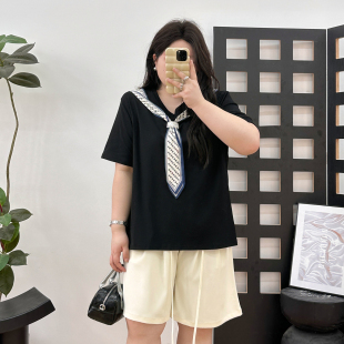 上衣百搭女装 饰T恤夏显瘦遮肉气质短袖 胖MM海军风丝巾装 宛宛大码