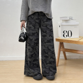 女胖mm高街辣妹风设计感显瘦阔腿长裤 宛宛大码 牛仔裤 迷彩工装 女装