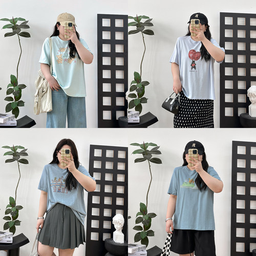 宛宛大码女装胖MM蓝色T恤夏宽松显瘦遮肚子短袖上衣休闲百搭