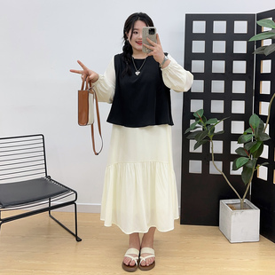 宛宛大码法式简约连衣裙背心马甲套装女春秋季胖mm显瘦减龄两件套
