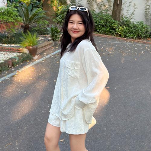 竹节宽松薄款衬衫短裤套装