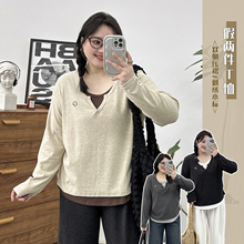 大码女初秋新款韩版宽松显瘦针织衫胖mm设计感撞色假两件套装