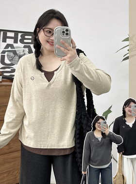 大码女初秋新款韩版宽松显瘦针织衫胖mm设计感撞色假两件套装