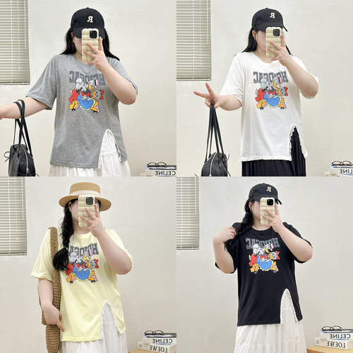 宛宛大码女装不规则开叉纯棉短袖t恤女夏季蕾丝拼接胖mm宽松上衣T